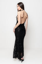 Abito Lungo Nero Elegante con Paillettes e Schiena Scoperta