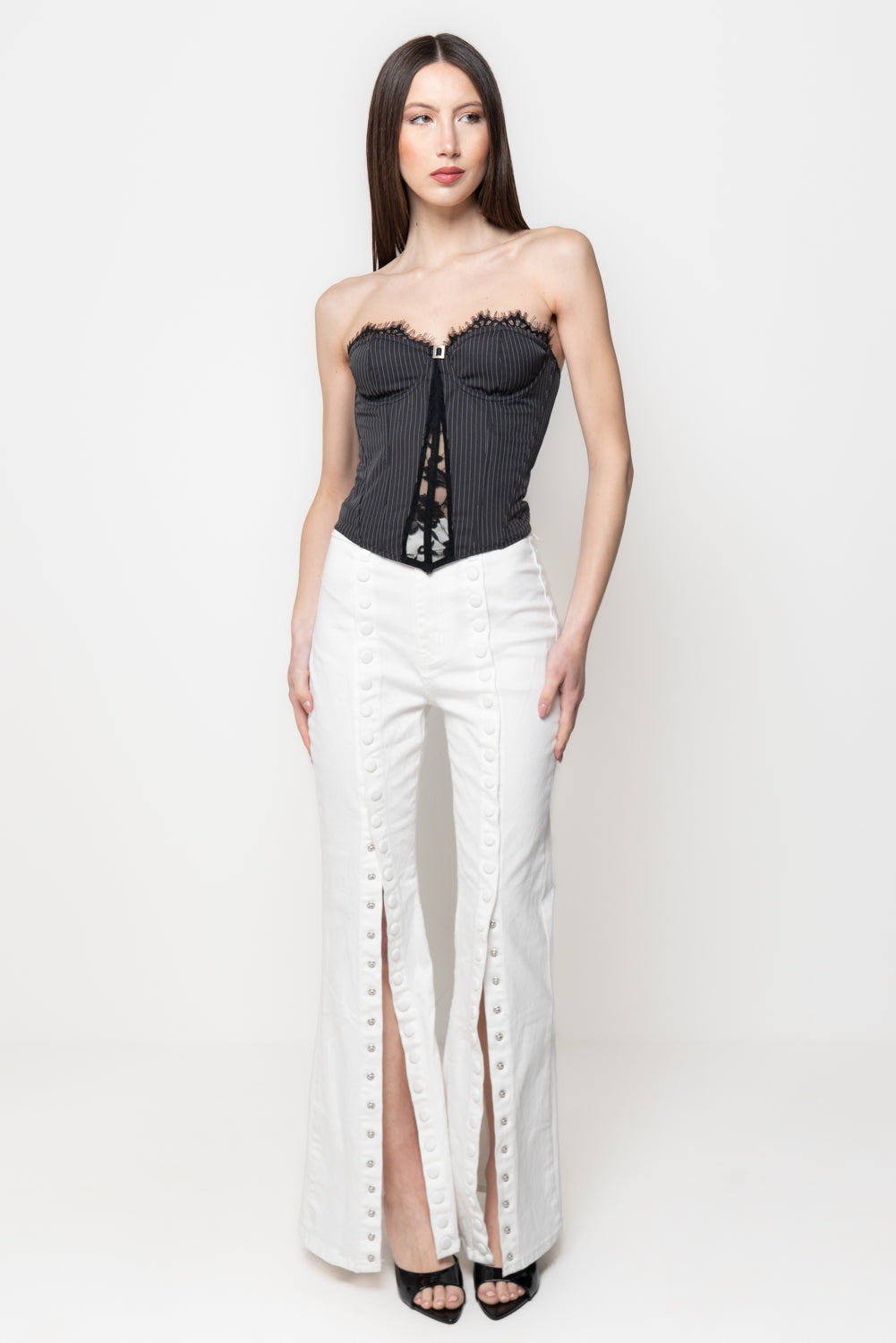 Corsetto Donna Gessato con Inserti in Pizzo