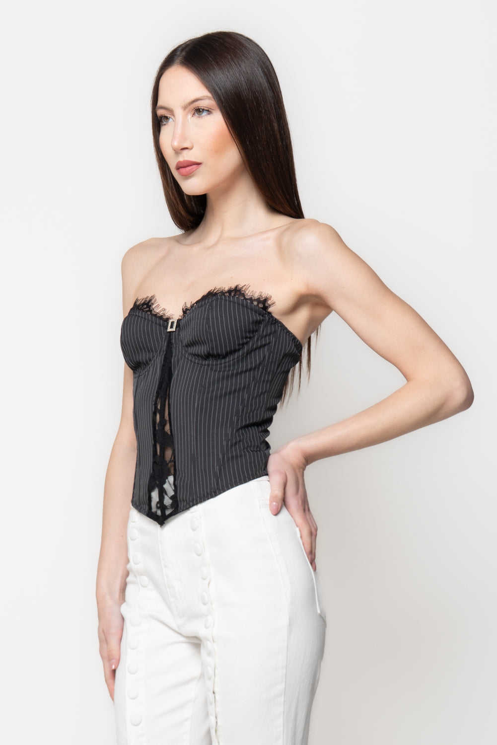 Corsetto Donna Gessato con Inserti in Pizzo