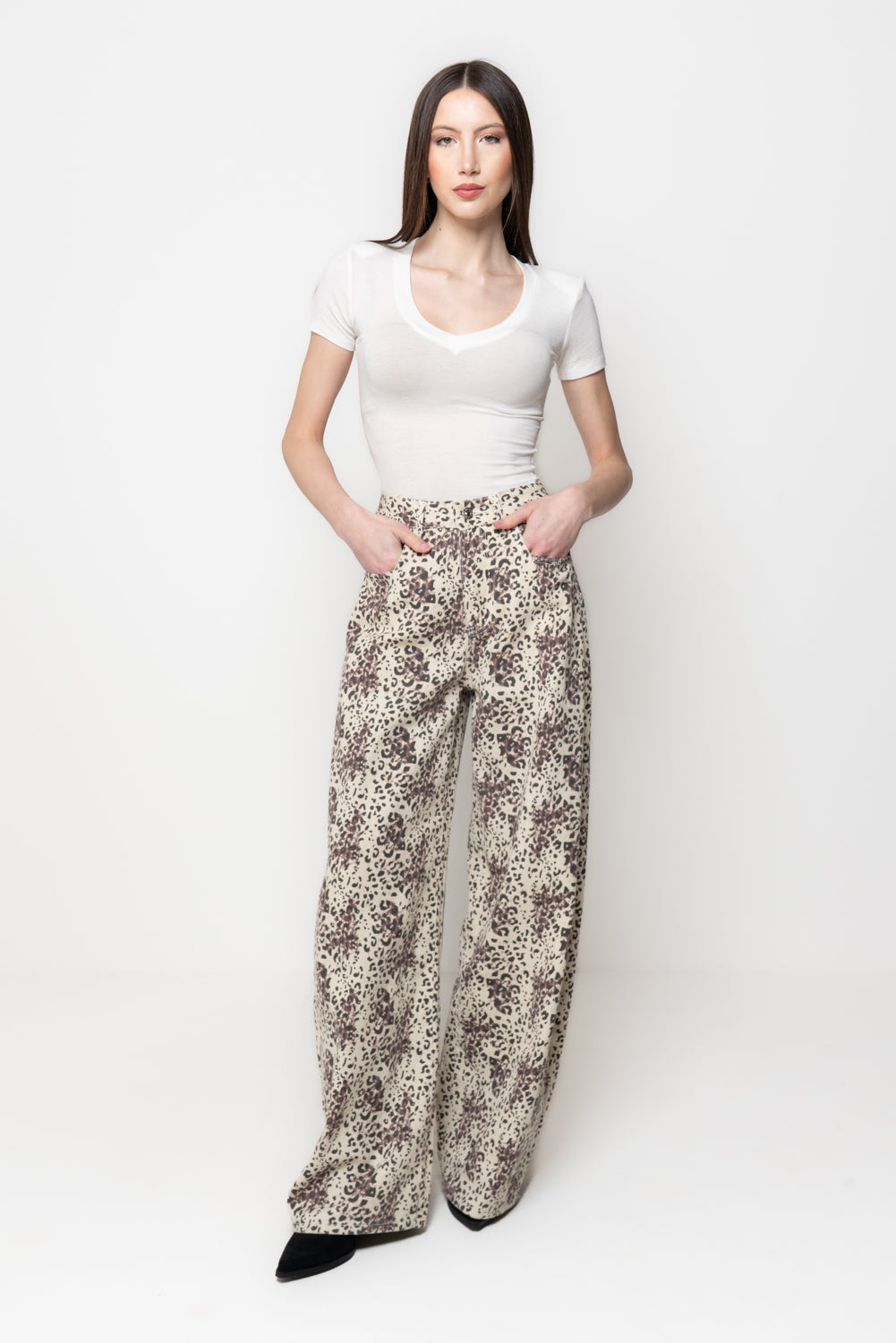 Pantalone Donna Animalier a Gamba Larga