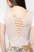 Body Donna Aderente con Inserti in Tulle e Schiena Intrecciata