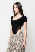 Body Donna Aderente con Inserti in Tulle e Schiena Intrecciata