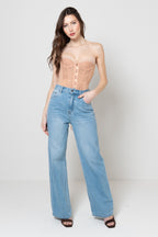 Jeans Wide-Leg a Vita Alta con Dettagli Distressed e Inserti in Paillettes Rosa