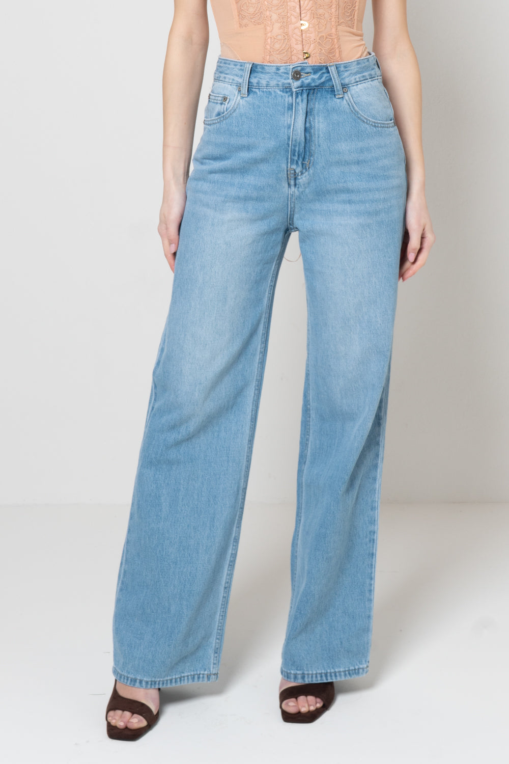 Jeans Wide-Leg a Vita Alta con Dettagli Distressed e Inserti in Paillettes Rosa