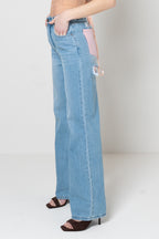 Jeans Wide-Leg a Vita Alta con Dettagli Distressed e Inserti in Paillettes Rosa