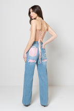 Jeans Wide-Leg a Vita Alta con Dettagli Distressed e Inserti in Paillettes Rosa