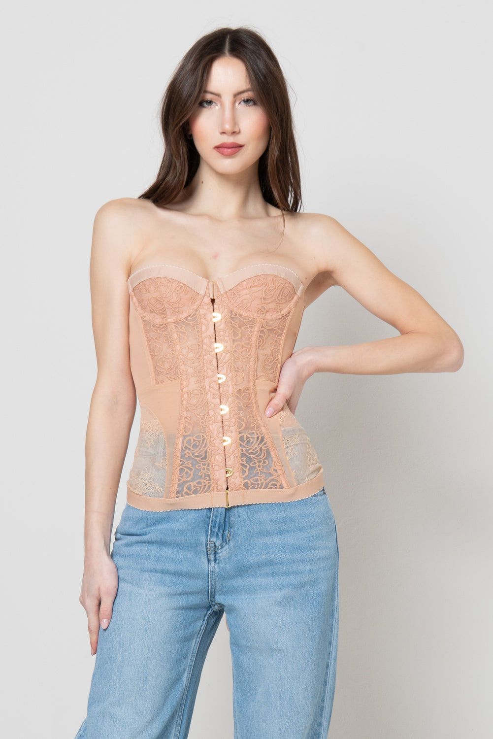 Corsetto in Pizzo Nude con Bottoni Oro