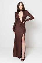 Abito Lungo Marrone Cioccolato con Scollo Deep-V