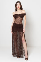 Abito Lungo Marrone in Pizzo con Scollo Bardot