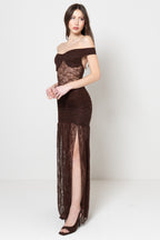 Abito Lungo Marrone in Pizzo con Scollo Bardot