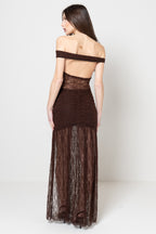 Abito Lungo Marrone in Pizzo con Scollo Bardot