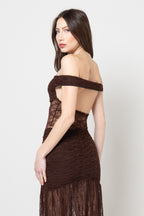 Abito Lungo Marrone in Pizzo con Scollo Bardot