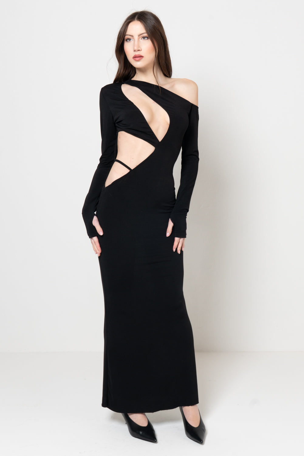 Abito Lungo Nero Monospalla con Audaci Cut-out