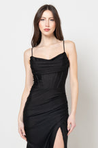 Abito Lungo Nero con Corpetto a Corsetto e Finitura Glitter