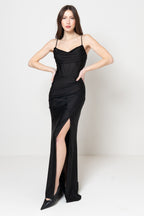 Abito Lungo Nero con Corpetto a Corsetto e Finitura Glitter