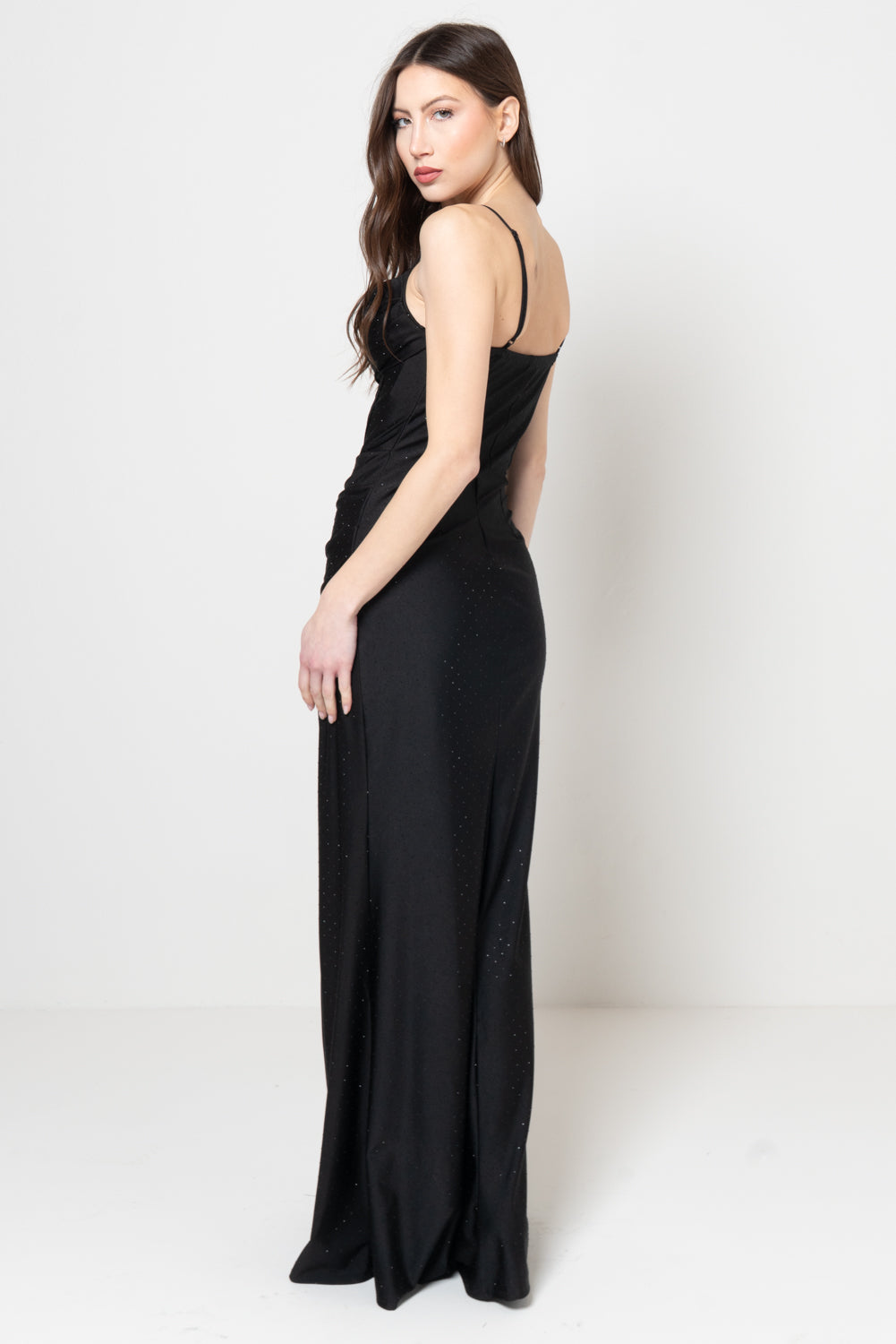 Abito Lungo Nero con Corpetto a Corsetto e Finitura Glitter