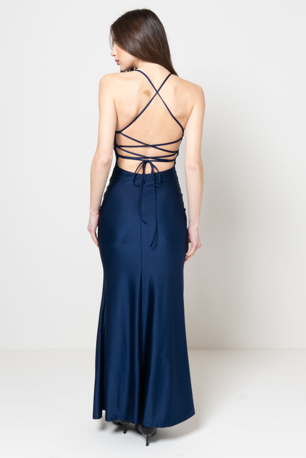 Abito Lungo Blu Notte con Scollo a V e Spacco Frontale
