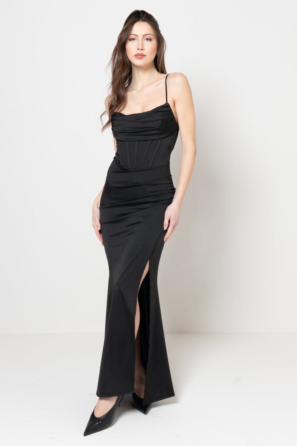 Abito Lungo Nero con Corpetto a Corsetto e Spacco Alto Main image